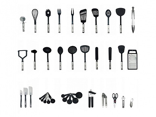 Set of 40 pieces of kitchen tools, made of stainless steel, in silver color, 35x20x20 cm