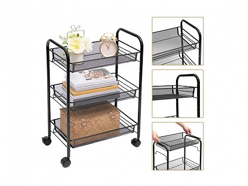 Kitchen trolley stainless steel in black color 3 places, 44x26x64 cm, Kitchen Storage