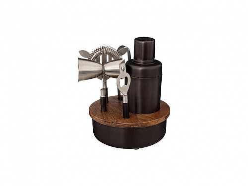 6-piece stainless steel cocktail set with wooden base, 16x16x21 cm, Cocktail Set