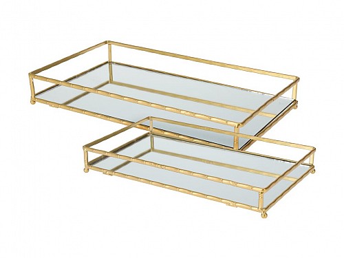 Set of 2-piece serving trays with mirror, with gold-colored frame, metal, 35x20x5 cm