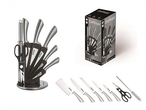 Cheffinger Set of 8 Stainless Steel Kitchen Knives with rotating base, CF-KS01