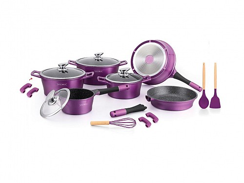 Royalty Line 17 Piece Aluminum Cookware Set, Purple Marble Coating, RL-ES1014MP