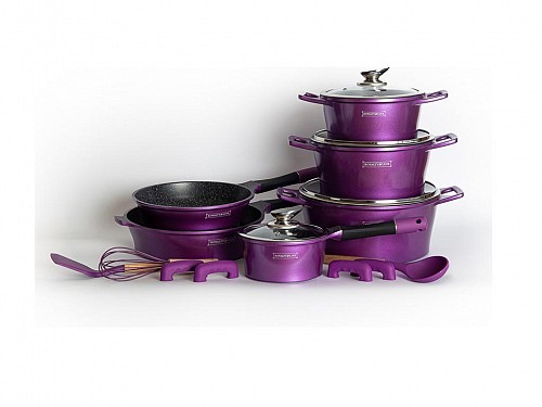 Royalty Line 17 Piece Aluminum Cookware Set, Purple Marble Coating, RL-ES1014MP