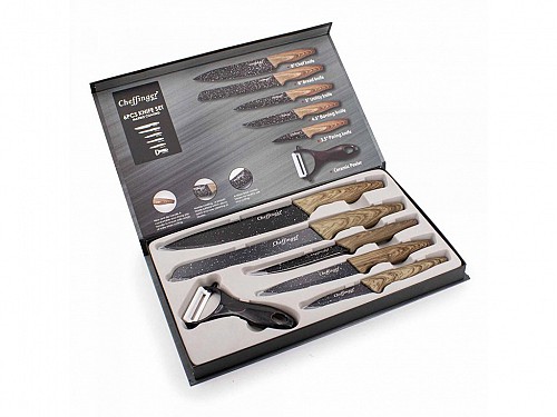 Cheffinger Set of 6 Non-stick Kitchen Knives with Wood Handles in a Case, MB06