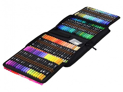 A set of 120 colorful double-sided markers in a pencil case
